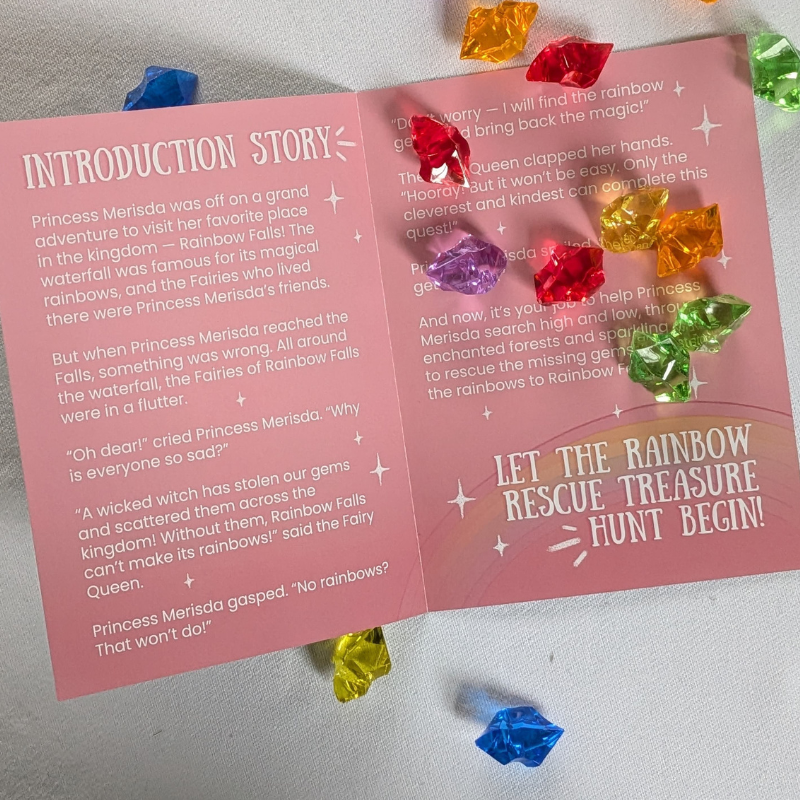 A book with wording telling a story with rainbow coloured gems scattered across the page.