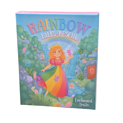 Book cover of 'Rainbow Falls Rescue' with a colorful illustration of a girl in a rainbow-themed dress against a fantasy landscape.